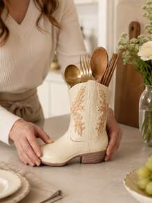 1pc Western Cowboy Boot Shaped Utensil Holder, Vintage Cream Color Kitchen Countertop Utensil Organizer, Spoon Fork Chopstick Utensil Storage Bucket, Country Farmhouse Style Kitchen Decor, Western Home Decor, Kitchen Essentials - Multicolor - View 3