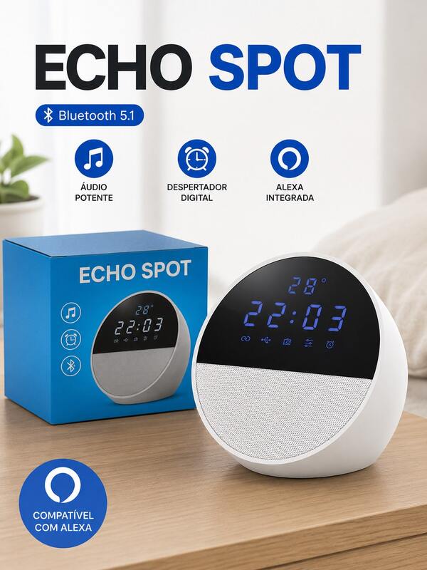 Echo Spot Caixa de Som Inteligente com Alexa, Despertador Digital, Áudio Potente para Quarto