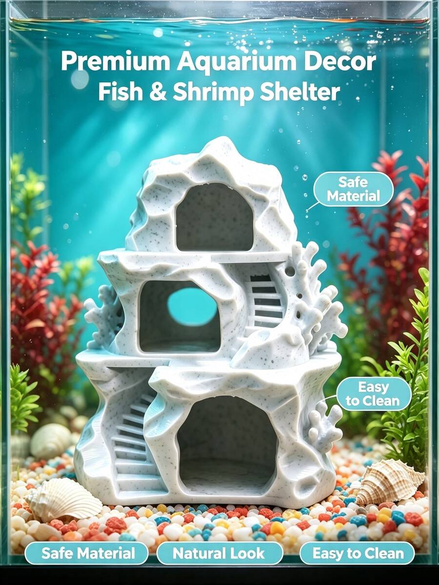 3D Printed One-Piece Fish & Shrimp Shelter, Multi-Layer Interconnected Caves, Aquarium Landscape Display Hiding House - Happy Aquarium - View 1
