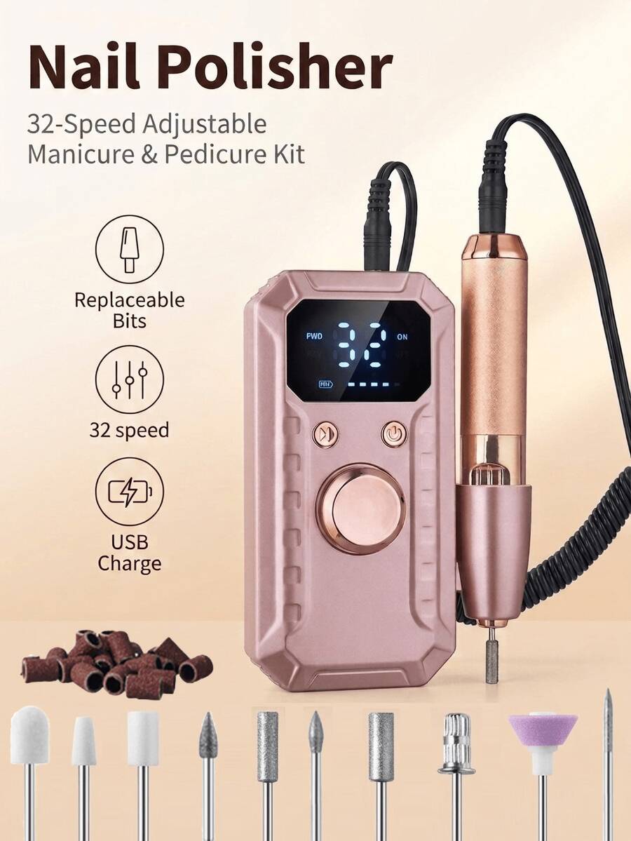 LEVIATECH 1件專業可充電式電動修甲機,1800mAh便攜式電動磨甲器附LCD螢幕,11支磨頭,可調速及正反轉,適用於壓克力膠甲卸除、美甲、足部護理,居家與沙龍使用 - 彩色 - 查看 1