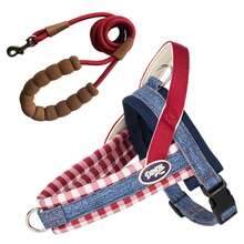 Vintage Denim Saddle Dog Harness & Leash Set, Plaid Patchwork Durable Fabric, Built-In Anti-Pull Handle, POM Strong Quick-Release Buckle, Adjustable Slider Buckle With Metal D-Ring, Breathable & Non-Stuffy For Long Wear, Suitable For Teddy, Bichon, Samoyed And Small To Medium Dogs, Pet Walking Harness Set - Red - View 13