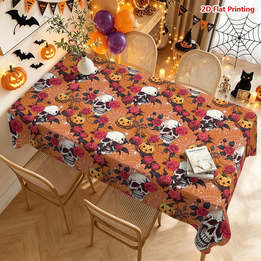 1/2pcs Halloween Tablecloth, Halloween Theme Skull Rose Pumpkin Pattern Polyester Tablecloth Suitable For Dining Table, Kitchen, Coffee Table, Picnic, Camping, Country Farmhouse Decor, Holiday Tabletop Protection - Multicolor - View 1