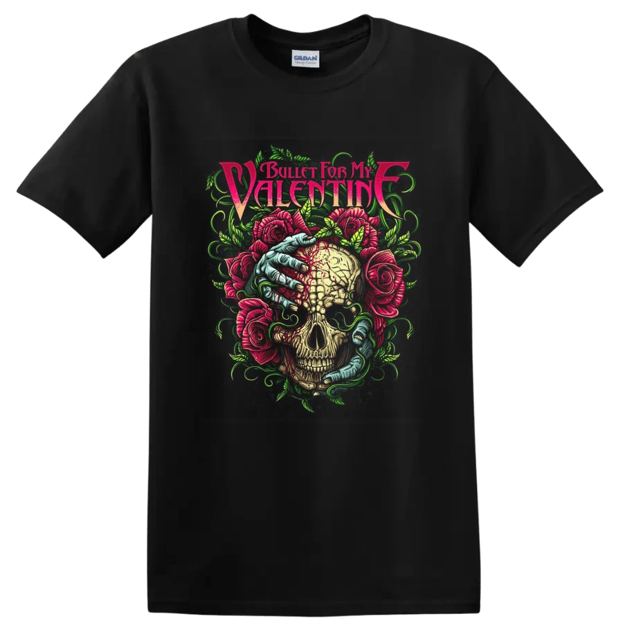 Camiseta Gráfica Bullet For My Valentine Skull Roses Rock Metal - Negro - Ver 1