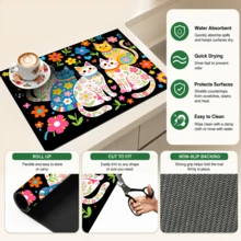 1pc Cat Pattern Printed Diatom Mud Kitchen Drain Mat, Absorbent Dish Drying Mat, Coffee Machine Mat, Dishwashing Mat, Sink Mat, Kitchen Countertop Protector, Suitable For Cups, Plates, Tableware And Kitchen Decor - Multicolor - View 11