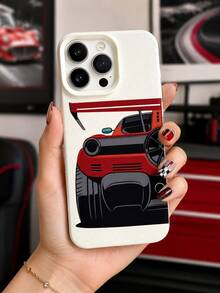 1PC Flat Vector Red Sports Car Rear Wing Racing Phone Case Compatible With IPhone 17 16 15 14 13 Pro Max, Leather Texture Anti-Drop Phone Case For Car Enthusiasts - Beige - View 3