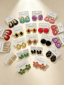 24PCS/12Pairs Stainless Steel Earrings Set For Women, Summer Beach Jewelry Accessories, Minimalist Fashion Earrings For Daily Wear, Travel & Vacation - Multicolor - View 4