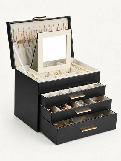 BOOVO 1PC Exquisite Women's Jewelry Storage And Display Case, Large Capacity, Rectangular PU Leather With Built-In Mirror, Suitable For Displaying And Storing Necklaces, Rings, Earrings, And Other Jewelry, Perfect Valentine's Day Gift For Friends