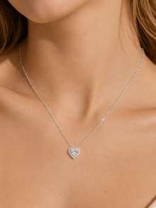 1 pieza Colgante de corazón de plata de ley 925 con incrustaciones de rhinestone, collar de joyería de alta gama para damas, de todo uso, para boda y San Valentín - Plateado - Ver 4