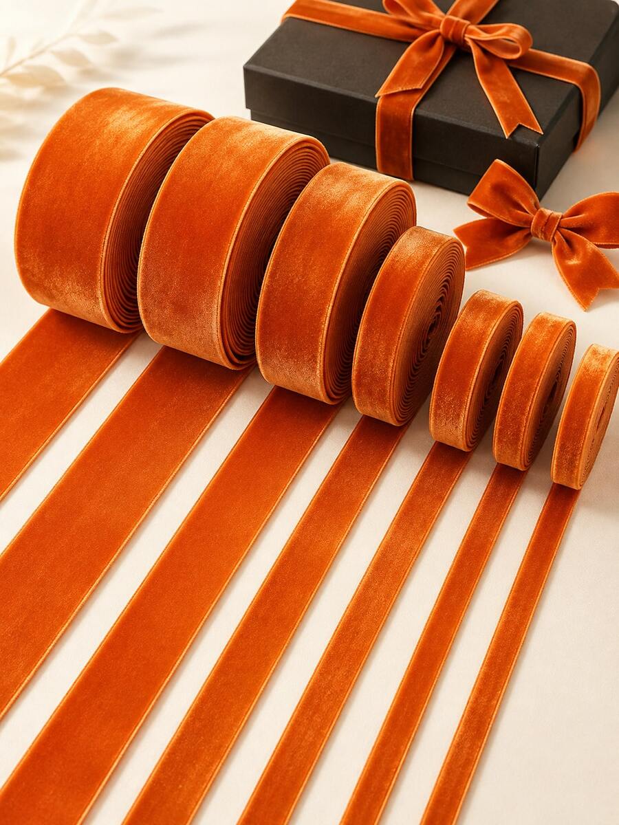 5 Yards Orange Velvet Ribbon, Multiple Widths, Single-Sided Velvet Trim, Suitable For DIY Crafts, Hair Accessories, Gift Wrapping, Wedding Decor And Home Decor - Flocked - View 1