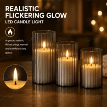 3 قطع شموع LED بدون لهب، تعمل بالبطارية (البطاريات غير مشمولة)، غلاف أكريليك مخطط عمودي، لهب وامض واقعي، بدون حرارة، إضاءة جو رومانسية قابلة لإعادة الاستخدام، مناسبة للزفاف والخطوبة والحفلات وديكور المنزل - الشموع العمودية - مشاهدة 6