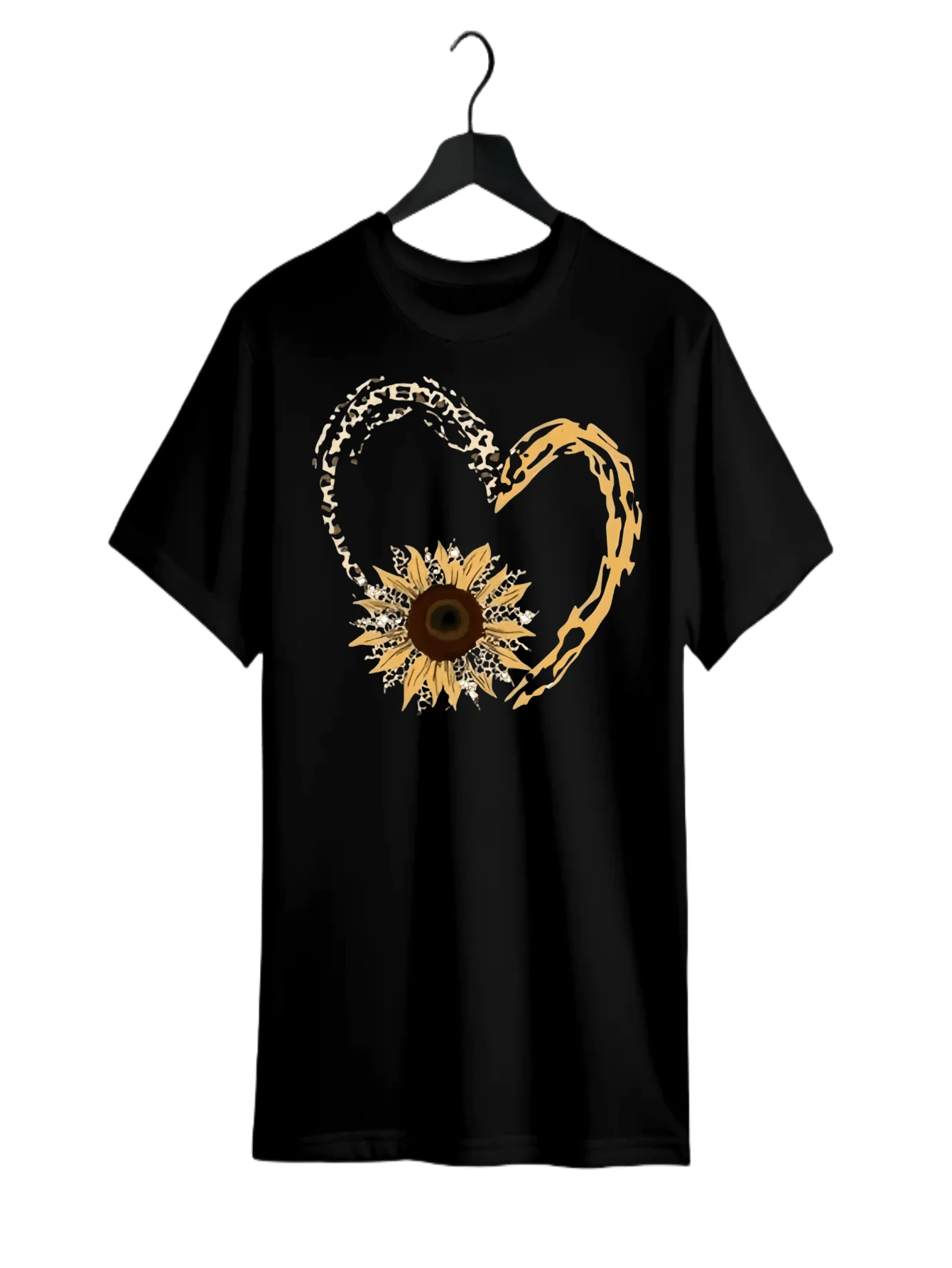 Women's Heart &Amp; Sunflower Print Drop Shoulder Tee, Casual Half Sleeve Round Neck T-Shirt For Daily Wear, Ladies Clothes For All Seasons Valentine' - Black - View 1