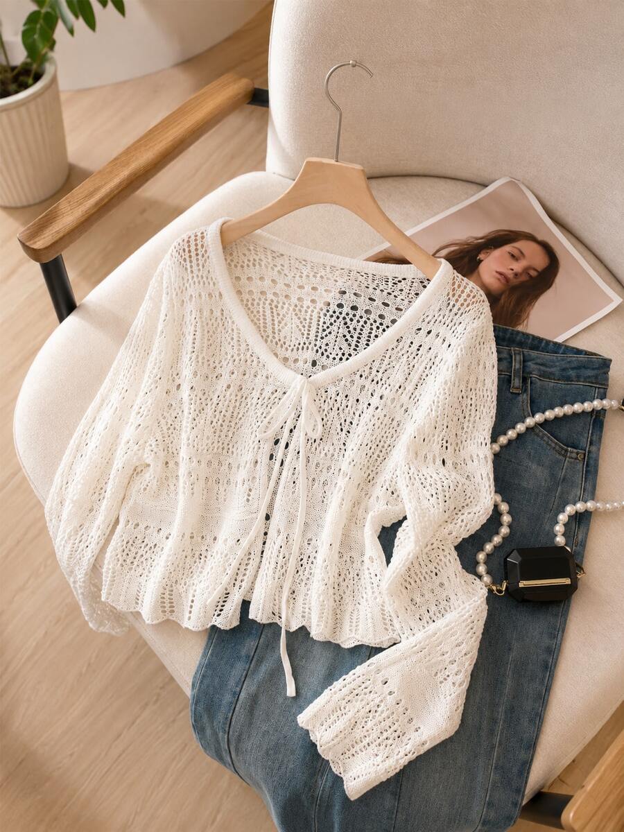 V-Neck Drawstring Hollow Crochet Knit Short Cover Up, Summer Lightweight Sun Protection Cover-Up, Vacation Style Flare Sleeve Outerwear, Air Conditioning Shawl - Multicolor - View 1