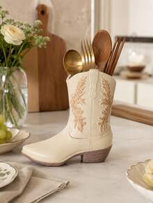 1pc Western Cowboy Boot Shaped Utensil Holder, Vintage Cream Color Kitchen Countertop Utensil Organizer, Spoon Fork Chopstick Utensil Storage Bucket, Country Farmhouse Style Kitchen Decor, Western Home Decor, Kitchen Essentials - Multicolor - View 7