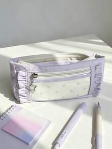 Cute Plaid Ruffled Pencil Case, Star Pendant Double Zipper Stationery Storage Bag, Large Capacity Transparent Window Pencil Pouch, Suitable For Back To School, Holidays, Travel, Soft Fabric Portable Makeup Organizer, Student Gift, Back To School Supplies - A - View 7