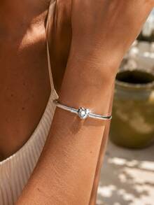 FOREVER QUEEN 1PC 925 Sterling Silver Heart Bangle Bracelet, Clear CZ Pave Heart Clasp Smooth Bangle, Romantic Jewelry Gift For Women - Bracelet - View 3