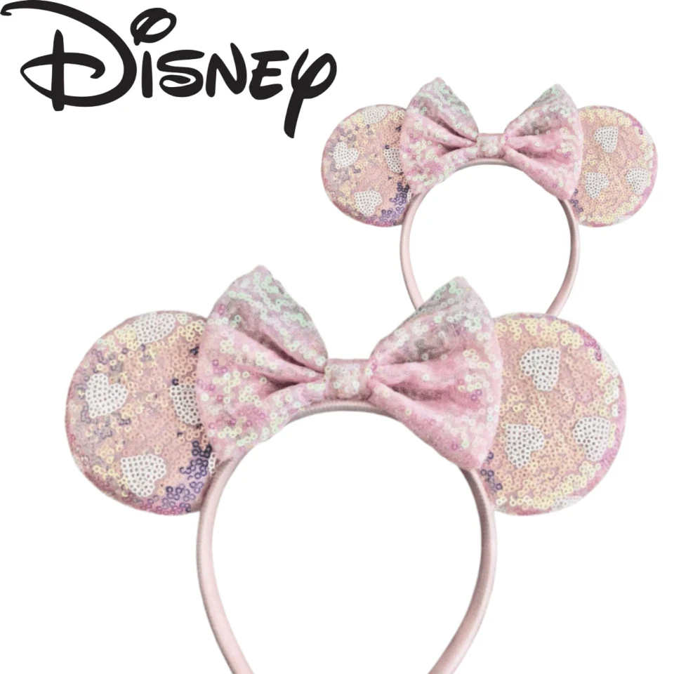 Disney Pink Heart Sequin Mickey Ears Headband, Sweet Bow Decor Hair Accessory, Suitable For Halloween, Christmas, Theme Park, Party, Cosplay Costume - Love a - View 1
