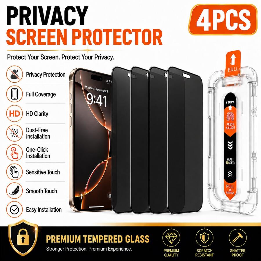 CASECOPS 4-Packs 9H High Toughness Privacy Screen Protector, With Automatic Mounting Tools And Automatic Alignment Tools, Precise Fit With No Bubbles Or Edges, Ultra-Clear Front Display, Side Privacy Protection, Smooth Touch, Scratch/Dust/Fingerprint Resistant, Compatible With IPhone 18 Pro Max, 18 Pro, 17 Pro Max, 17 Pro, 17 Air, 17, 16, 16 Plus, 16 Pro, 16 Pro Max, 15, 14, 13, 12, 11 - 4Pcs - View 1