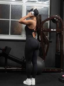 1pc Tummy Control Butt Lifting Fitness Jumpsuit, Backless Design, Seamless 4-Way Stretch, Compression Shaping Sports - Black - View 3