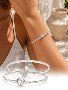 FOREVER QUEEN 1PC 925 Sterling Silver Heart Bangle Bracelet, Clear CZ Pave Heart Clasp Smooth Bangle, Romantic Jewelry Gift For Women - Bracelet - View 5
