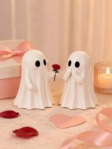 2pcs Romantic Ghost Couple Figurines, Cute White Halloween Ghost Decor With Rose And Blushing Design, Spooky Fall Tabletop Decoration For Bookshelf, Mantel, Entryway, Party, Bedroom And Halloween Gift - Multiple Styles - View 1