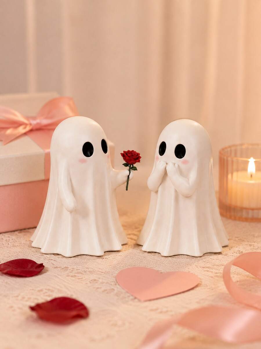 2pcs Romantic Ghost Couple Figurines, Cute White Halloween Ghost Decor With Rose And Blushing Design, Spooky Fall Tabletop Decoration For Bookshelf, Mantel, Entryway, Party, Bedroom And Halloween Gift - Multiple Styles - View 1