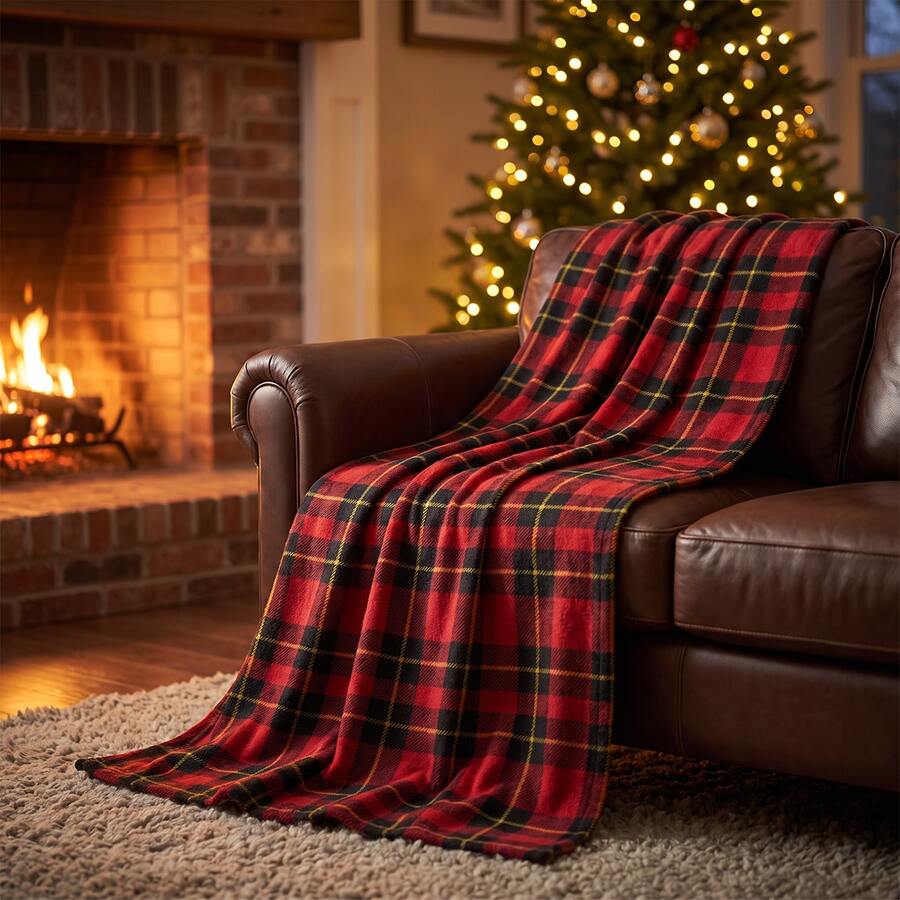 Soft & Comfortable 1pc Vintage Plaid Modern Flannel Christmas Red Background Plaid Nap Blanket - Seamless Plaid - Polyester Nap Blanket - Digital Printing Process, Suitable For Sofa, Bed, Travel, Office Home Decor - Multicolor - View 1