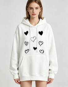 Winter, Autumn, Y2k, Women's Hoodie With Mixed Heart Print|   Hoodie With Black Hearts And Drawings|    Hooded Jacket For Valentine's Day And Everyday - White - View 1
