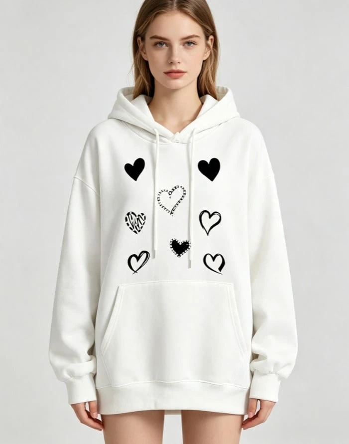 Winter, Autumn, Y2k, Women's Hoodie With Mixed Heart Print|   Hoodie With Black Hearts And Drawings|    Hooded Jacket For Valentine's Day And Everyday - White - View 1