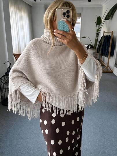 FOR BEAUTY Fall Winter Women Sweaters Y2K Elegant Beige Fringe Turtleneck Poncho Knit Tops Loose Cape Vacation Casual Going Out Clothes