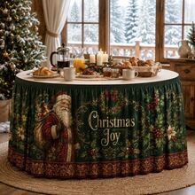 Vintage Christmas Tablecloth, Santa Claus And Holly Print, Christmas Joy Green Polyester Tablecloth, Luxury Holiday Party Decoration, Suitable For Dining Room, Home Gathering And Winter Home Decor - A - View 3