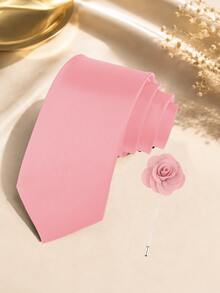 1 SET Solid Color Tie And Lapel Pin Combination, Simple Hand-Made Tie And Brooch Set, Suitable For Daily Wear, Wedding, Cocktail Party, Gathering, Banquet - Pink - View 1