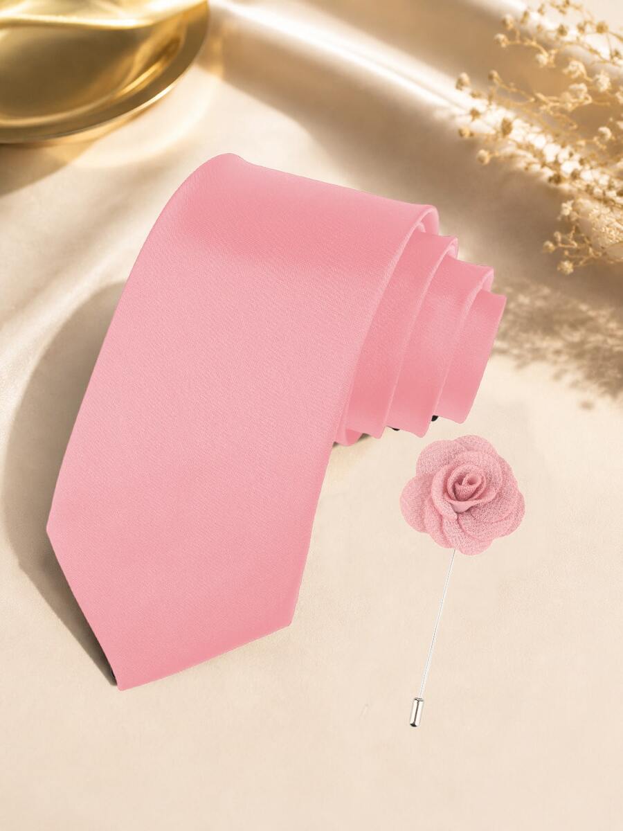 1 SET Solid Color Tie And Lapel Pin Combination, Simple Hand-Made Tie And Brooch Set, Suitable For Daily Wear, Wedding, Cocktail Party, Gathering, Banquet - Pink - View 1