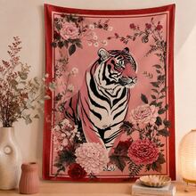 1 Peça tapeçaria vintage tigre floral rosa, peça pendurada Decorativo, Arte de Parede Moderna, Wall Art, Impressão em Alta Definição, Decoração para Sala, Quarto, Banheiro, Lavabo, Escritório, Home Office, Sala de Jantar, Apartamento, Decoração Pinterest - Rosa chiclete - Visão 1