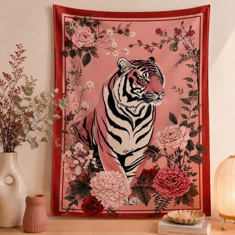 1 Peça tapeçaria vintage tigre floral rosa, peça pendurada Decorativo, Arte de Parede Moderna, Wall Art, Impressão em Alta Definição, Decoração para Sala, Quarto, Banheiro, Lavabo, Escritório, Home Office, Sala de Jantar, Apartamento, Decoração Pinterest - Rosa chiclete - Visão 1