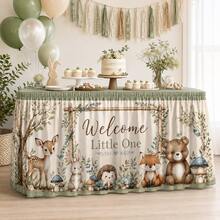 Welcome Baby Table Skirt, Forest Animal Print, Sage Green Polyester Tablecloth For Baby Shower, Gender Neutral Nursery Party, First Birthday, Dessert Table Decor And Forest Theme Celebration - A - View 1