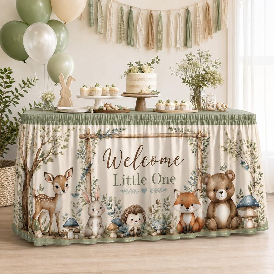 Welcome Baby Table Skirt, Forest Animal Print, Sage Green Polyester Tablecloth For Baby Shower, Gender Neutral Nursery Party, First Birthday, Dessert Table Decor And Forest Theme Celebration - A - View 1