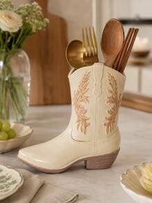 1pc Western Cowboy Boot Shaped Utensil Holder, Vintage Cream Color Kitchen Countertop Utensil Organizer, Spoon Fork Chopstick Utensil Storage Bucket, Country Farmhouse Style Kitchen Decor, Western Home Decor, Kitchen Essentials - Multicolor - View 6