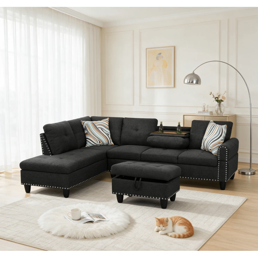 Reversible L-Shaped Sectional Couch With Storage Ottoman, Tufted Linen Sofa With Rivet Trim, 4 Seater Corner Sofa For Small Space Living Room-Left - Black + Foam + Wood + 6 Seat1 - View 1