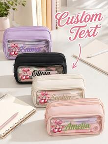 Personalized Name Cherry Bow Design Pencil Case, Customized Text Large Capacity Multi-Compartment Pencil Pouch With Transparent Front Pocket, Portable Stationery Storage Bag And Makeup Organizer, Suitable For College, Office, Travel, Birthday And Back To School Gifts - Multicolor - View 6