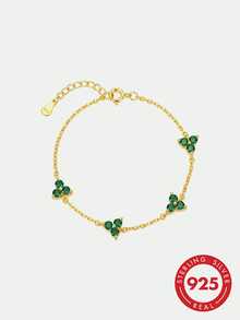 2pcs/Set S925 Sterling Silver Clover Cubic Zirconia Diamond Bracelet And Necklace, Women's Silver Jewelry, Suitable For Women And Girls, Four-Leaf Clover Lucky Design For Daily Wear, Casual, Travel, Party, Collection, Comes With Exquisite Gift Box - Green - View 1