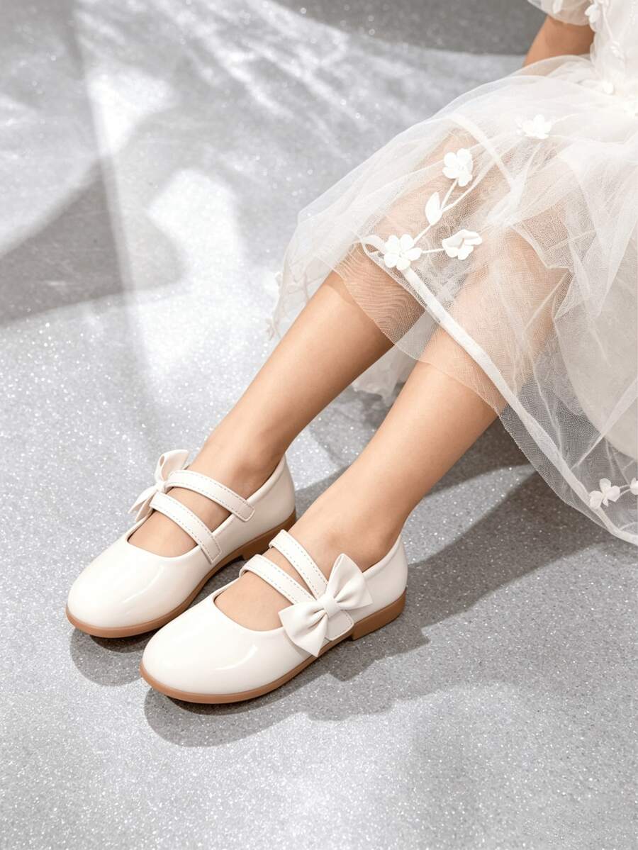 1 Pair Girls' 3D Bow Decor Glossy Synthetic Fabric Soft Sole Anti-Slip ...