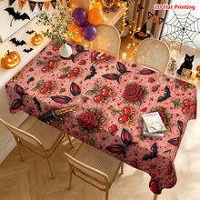 1/2pcs Halloween Tablecloth, Gothic Dark Style Rose Cherry Bat Lips Pattern Polyester Tablecloth Suitable For Dining Room Kitchen Coffee Table Dining Table Picnic Camping Country Farmhouse Decor And Halloween Holiday Decoration - Multicolor - View 1