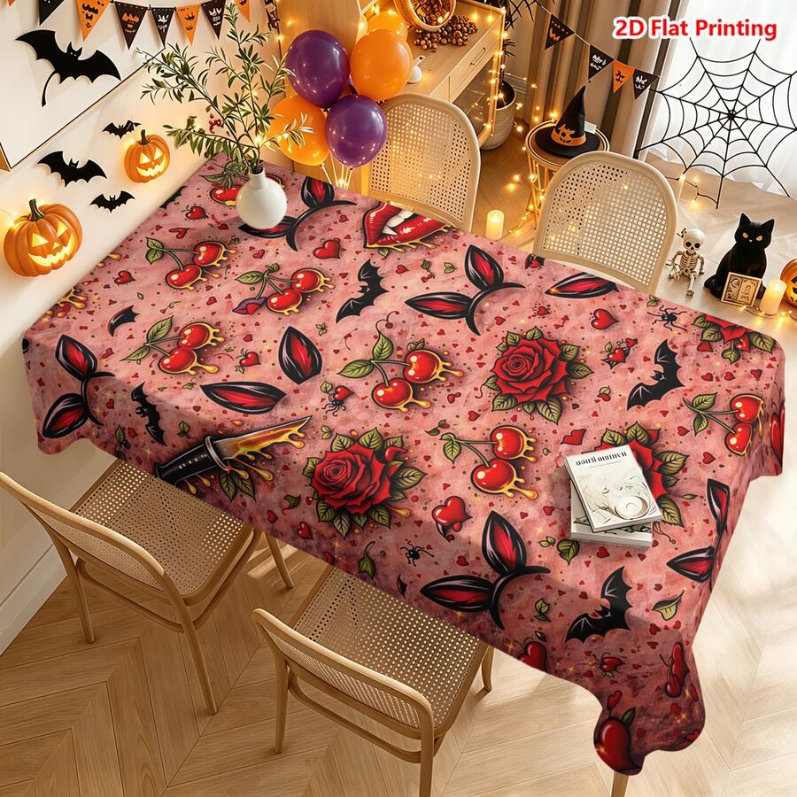 1/2pcs Halloween Tablecloth, Gothic Dark Style Rose Cherry Bat Lips Pattern Polyester Tablecloth Suitable For Dining Room Kitchen Coffee Table Dining Table Picnic Camping Country Farmhouse Decor And Halloween Holiday Decoration - Multicolor - View 1