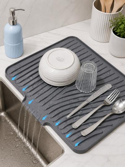 1pc  Dish Drying Mat With Built-In Drain Lip, Raised Textured Surface, Non-Slip Self-Draining Counter Mat For Dishes, Cups & Utensils, 15.75 * 12.99 In