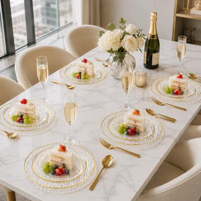2/12/25/50pcs Transparent Hammered Gold Rim Plates, 7.5 Inch And 10.25 Inch, Suitable For Cakes, Salads, Desserts And Main Courses, Wedding Receptions And Parties