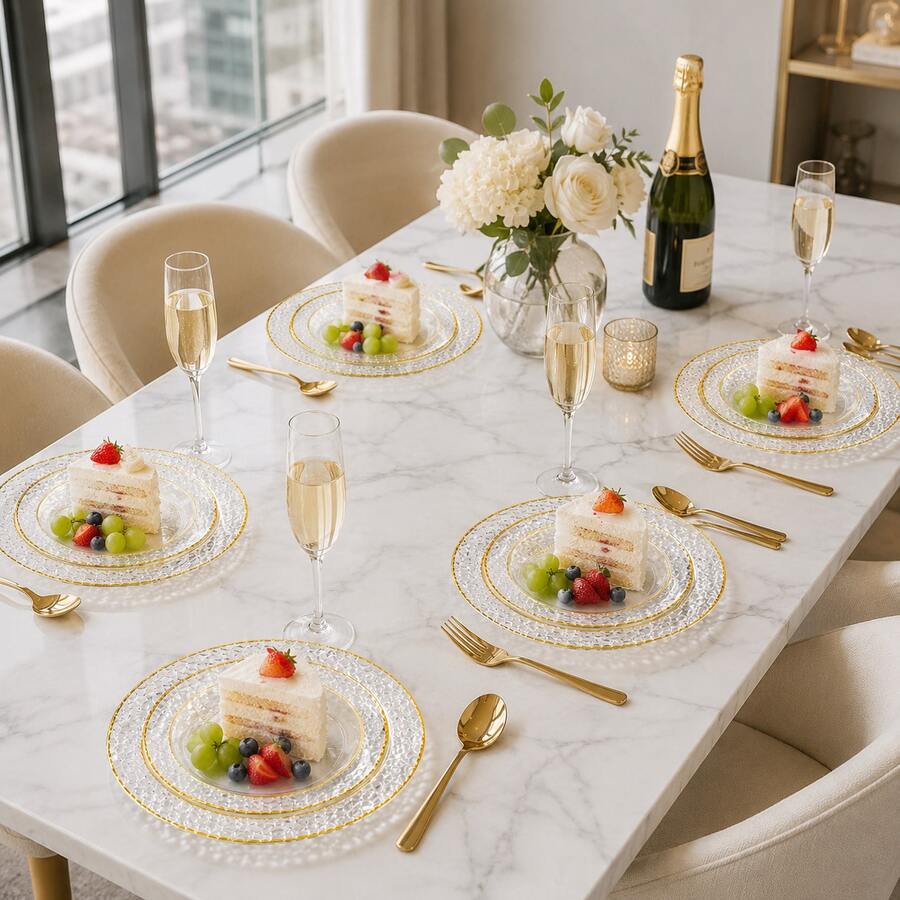2/12/25/50pcs Transparent Hammered Gold Rim Plates, 7.5 Inch And 10.25 Inch, Suitable For Cakes, Salads, Desserts And Main Courses, Wedding Receptions And Parties - Transparent - View 1