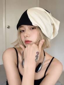Niche Asymmetric Colorblock Slouchy Beanie, Cool Girl Dark Aesthetic Lazy Pullover Hat, Breathable Thin Streetwear Versatile Cold Weather Cap, Unisex - Multicolor - View 2