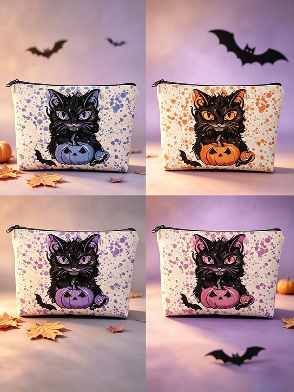 1 Peça Bolsa de Maquiagem de Gato Preto e Abóbora de Halloween, Bolsa de Armazenamento de Morcego Gótico, Bolsa de Zíper de Artigos de Toalete de Viagem para Feriados, Camada Única Simples, Organizador Portátil de Itens Pequenos para Passeios. Ótimo Presente de Festa de Feriado para Amigos e Família