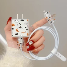 Halloween Ghost Candy Spider Web Pattern, Compatible With Iphone 18W/20W Transparent Charger Protective Case Compatible With Iphone 13/14/15 Charger Protective Case 20W Charger Protective Set, Cable Protective Case, Charging Cable Head Protective Case. Gift, Transparent Protective Case, Charger Protective Shell - Multicolor - View 5