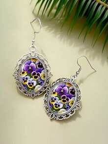 Pendientes colgantes ovalados vintage con flores azul y blanco, pendientes colgantes de filigrana floral de plata antigua, joyería de declaración elegante de esmalte para mujeres - Multicolor - Ver 4
